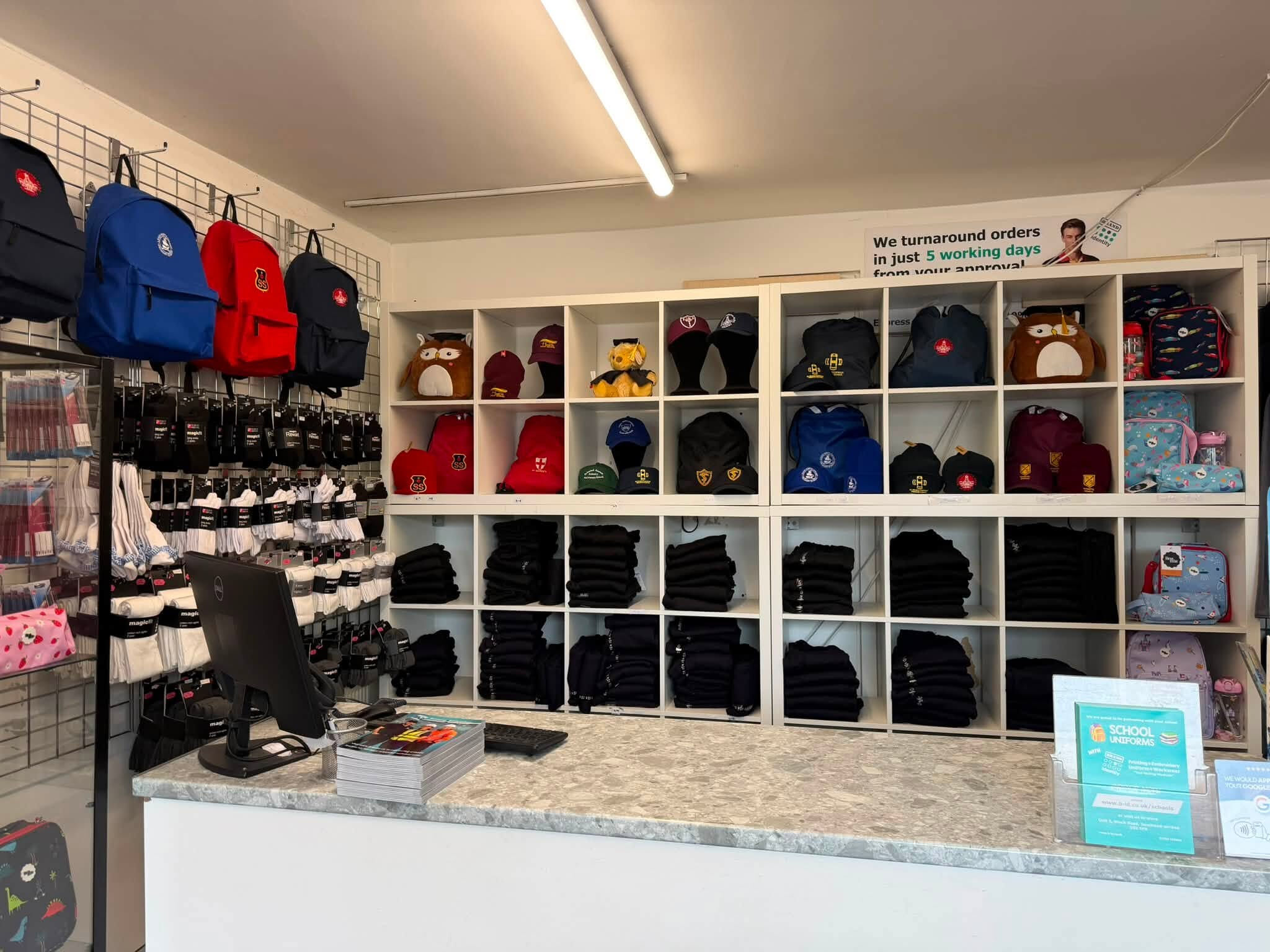 Brand Identity Schoolwear shop in Southend displaying school uniform, bags and accessories